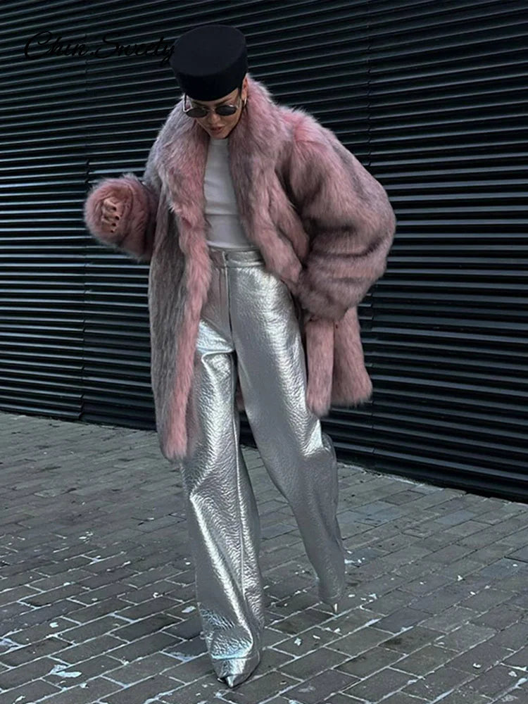Winter Faux Fur Long Coat For Women Fashion Full Sleeve Fur Collar Oversize Female Jacket  New Elegant Thick Warm Outwear