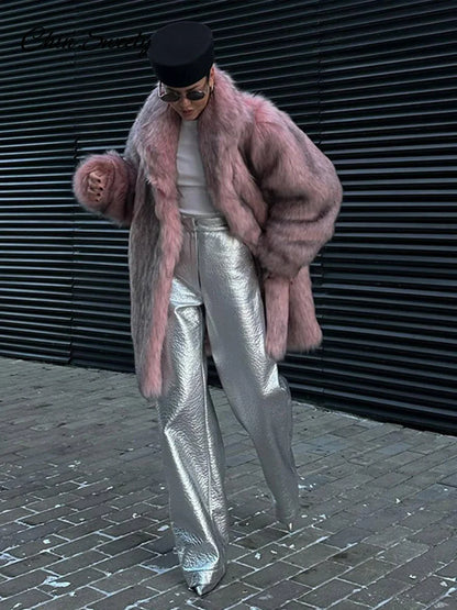 Winter Faux Fur Long Coat For Women Fashion Full Sleeve Fur Collar Oversize Female Jacket  New Elegant Thick Warm Outwear