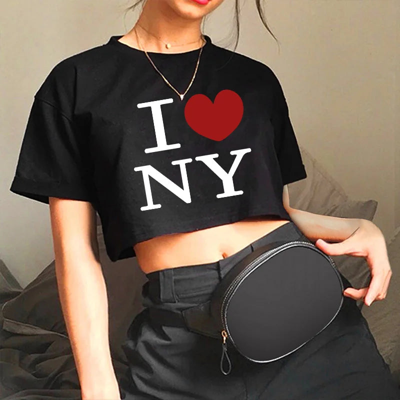 Y2K Summer New Round Neck Short sleeved Letter Printed Open Navel European and American Women’s Top T-shirt