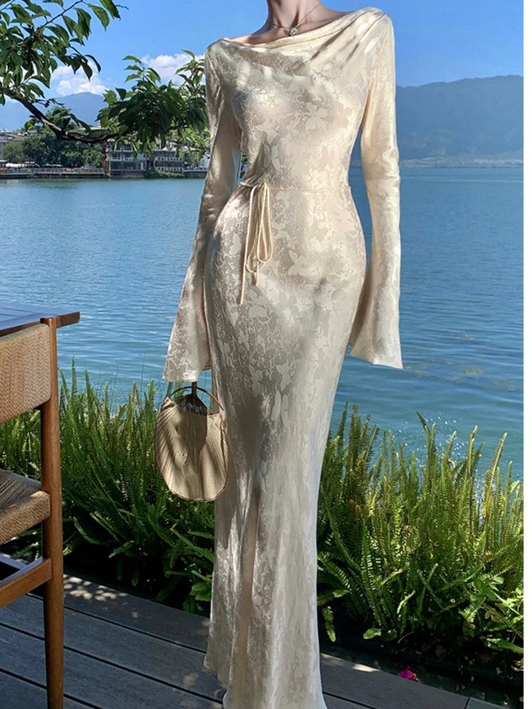 French Vintage Evening Dresses for Women Autumn Bodycon Wedding Prom Robe Flare Sleeve Swinging Collar Midi Vestidos Mujer New