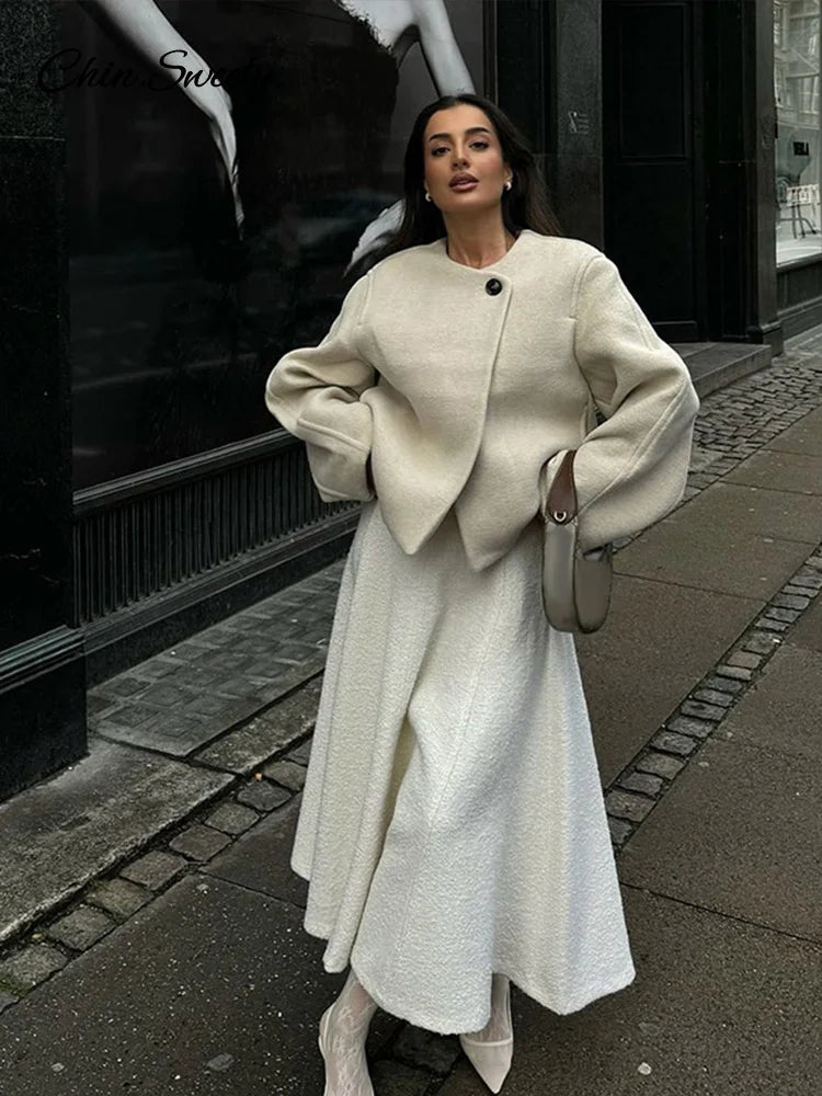 Elegant Solid Woolen Blend Jacket For Women Fashion Button O-neck Long Sleeve Coat  New Autumn Winter Commute Warm Outwear