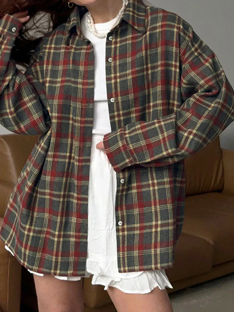 Classic Vintage Plaid Shirts For Women Spring Autumn Single Breasted Long Sleeve Blouse Outerwear Casual Fashion Loose Blouses