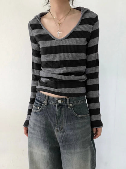 Black Dark Gray Stripe Hooded T-Shirt Women V Neck Slim Long Sleeve Basic Spring Autumn Ribbed Top Preppy Streetwear Tee