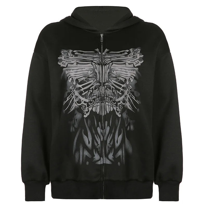 Dark personality printed hoodie female American  new black hooded zipper coat loose casual top