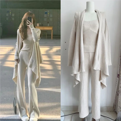 Autumn Winter Solid Knitted 3-piece Set Women Tank Top Long Pants Cardigan Sweater Pullover Korean Fashion Casual Outfits New