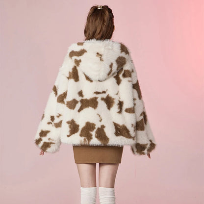 Sweet Harajuku Y2k Fashion Girls Oversized Leopard Faux Fur Coat Women Winter Thicken Fox Fur Jacket Hooded Overcoat Outerwear
