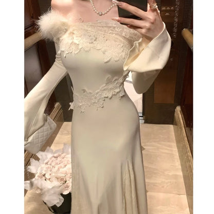 Autumn Winter New Knitted Dresses for Women Slash Neck Flare Sleeve Lace Patchwork Slim Mermaid Korean Fashion Vestidos Mujer