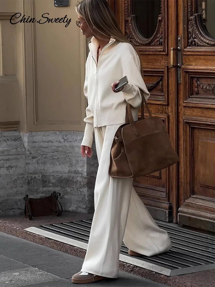 Knitted Pants Sets Women Stand Collar Zipper Cardigan Loose High Waist Pants Suits  Autumn Winter New in Matching Outfits