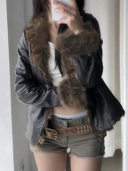 s Autumn New Clothes Women¡¯s Leather Coat Long Sleeve Spliced Faux Trim Button Slim Fit Chic Coat