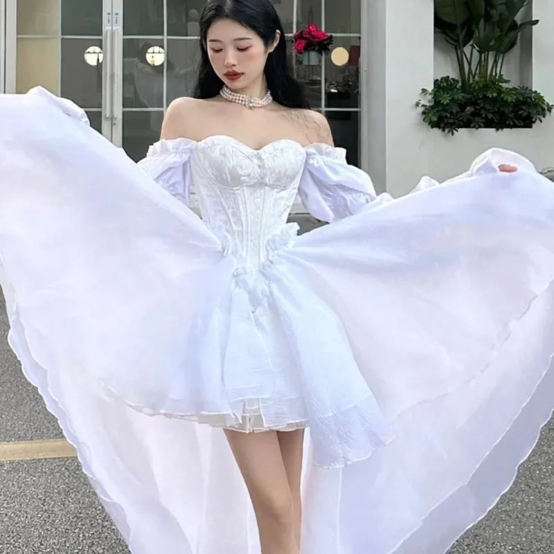 Elegant Evening Party Dresses Women Puff Sleeve Off Shoulder Lace-up Wedding Prom Robe Ball Gown A-line Y2K Midi Vestidos New
