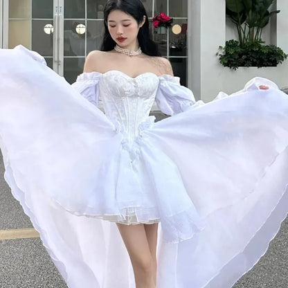 Elegant Evening Party Dresses Women Puff Sleeve Off Shoulder Lace-up Wedding Prom Robe Ball Gown A-line Y2K Midi Vestidos New