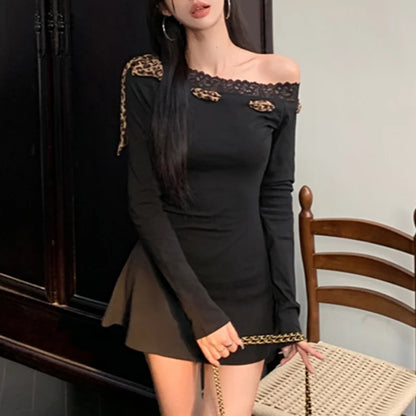 Sexy Dress Women y2k Clothes Leopard Print Lace Trim Off Shoulder Long Sleeve A Line Mini Dress Party Dresses Clubwear