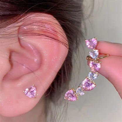 Pink Heart Zircon Ear Clips for Women Asymmetric Fashion Jewelry Gift