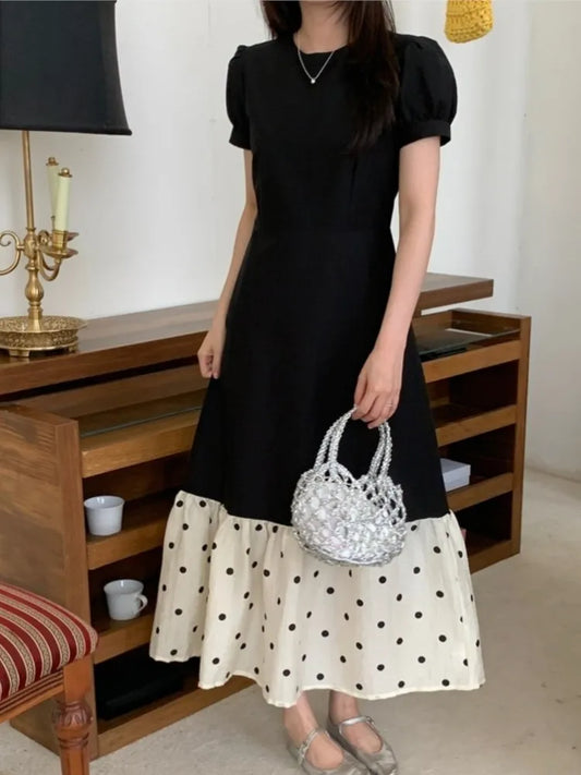 French Vintage Black Midi Dresses for Women Puff Sleeve A-line Patchwork Dot Elegant Korean Fashion One Piece Vestido Autumn New