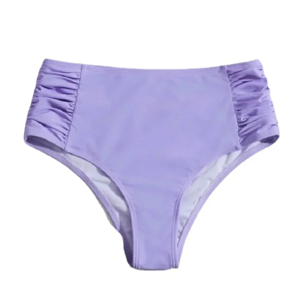 High Waist Ruched Bikini Bottoms Women Tummy Control Swimsuit Briefs Pants Solid Beachwear Spandex Beach Style Summer