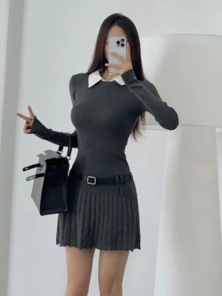 Korean Fashion Knitted Short Dresses for Women Autumn New Patchwork Long Sleeve Pleated A-line Y2K Sexy Party Dress with Belt