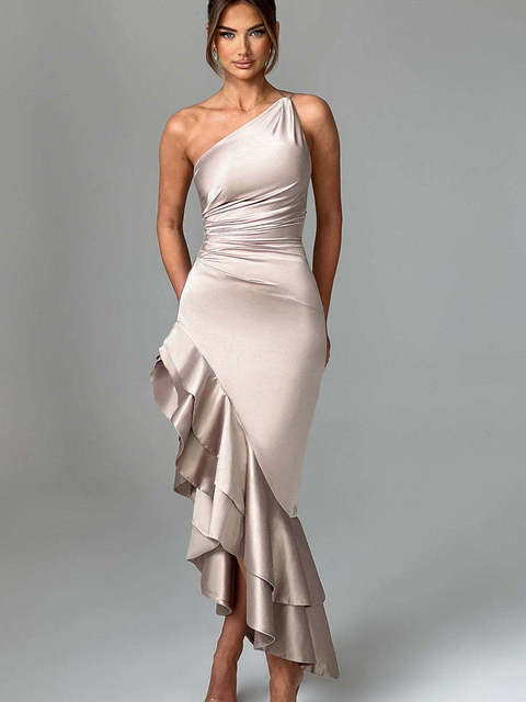 Elegant Satin Sleeveless Bodycon Ruffle Irregular Long Dress Women Sexy Backless Party Evening Dress Autumn New Vestido