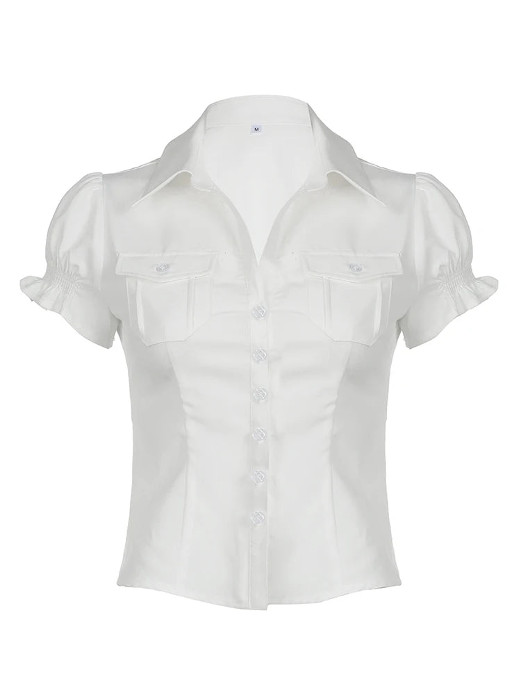 Single Breasted Puff Sleeve White Shirts For Women Button Turn Down Collar Pockets Simple Casual Safari Style Tops