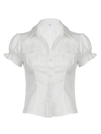 Single Breasted Puff Sleeve White Shirts For Women Button Turn Down Collar Pockets Simple Casual Safari Style Tops