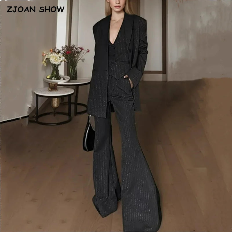 Spring Black Striped Oversized Blazer Women Loose Notched Full Sleeve Suits High Waist Long Flare Pants Halter Tank Tops