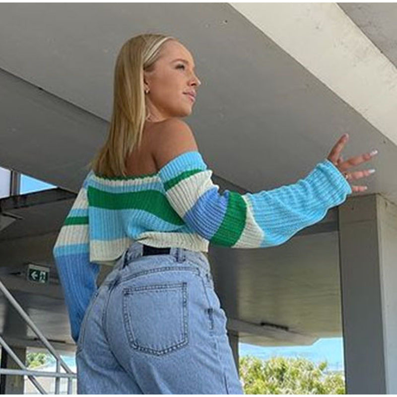 Voguable Knitted Y2K Clothes Crop Top Colored Striped Off The Shoulder T shirts Long Sleeve Trendy Short WoTops