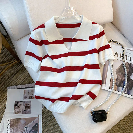 New Striped Pattern Collared Sweater Versatile Short Sleeve Knitted Top For Spring & Summer Women’s Clothing Crop Top