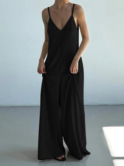 Sleeveless V Neck Loose Casual Black Boho Jumpsuits For Women Backless Vacation Wide Leg Rompers Womens Spaghetti Strap Overalls