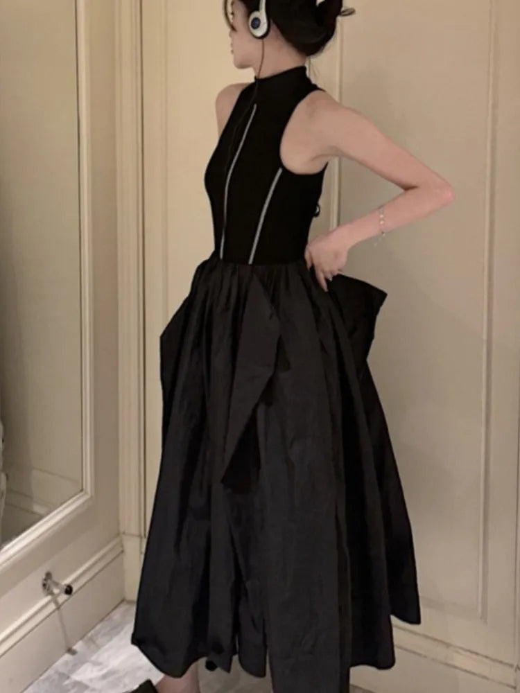 Casual Black Knitted Dresses for Women Sleeveless Vest Dress A-line Casual Korean Fashion Half High Collar Autumn New Vestido
