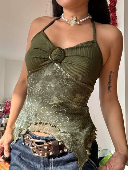 Voguable Boho Vintage Print Mesh Patchwork Crop Top V Neck Camis Y2K Streetwear FeCoquette Aesthetic Clothes