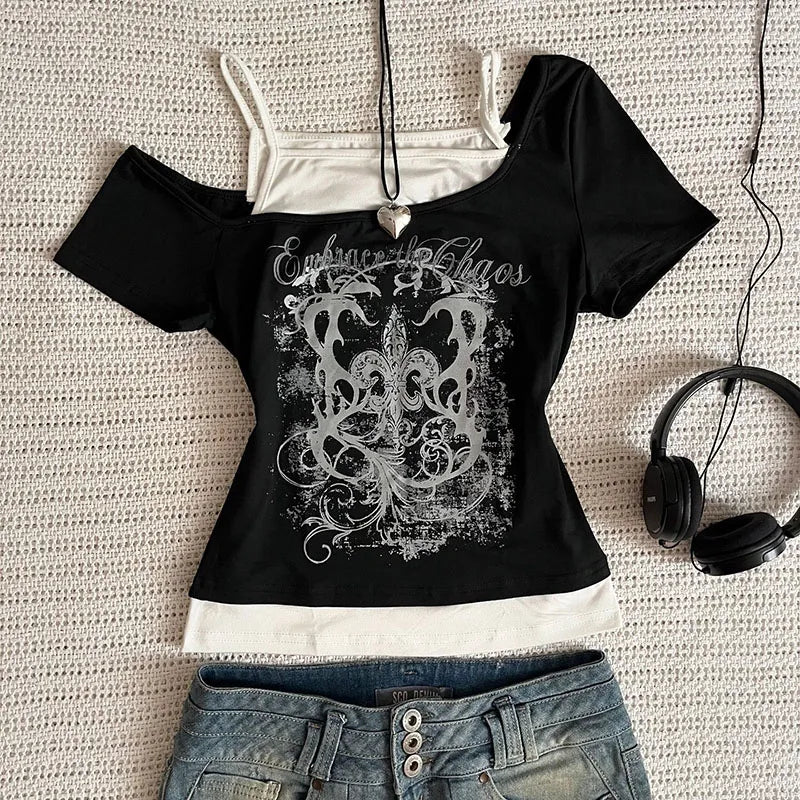 Y2k Slim Fit Print Tops Off Shoulder Short Sleeve Tee Shirt Neploe American Vintage Fake Two Piece Halter Lace Up T-shirts