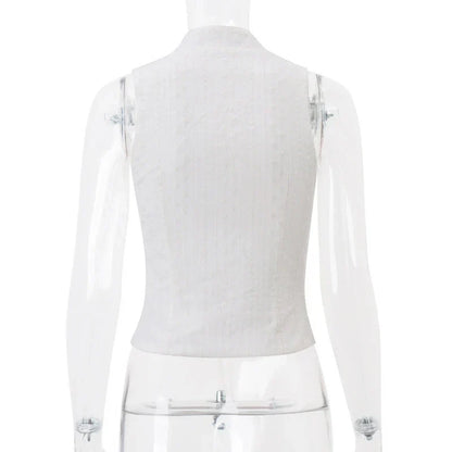 y2k Tank Top Clothes White Flower Embroidery Mock Neck Front Cutout Sleeveless T Shirt Vest Streetwear