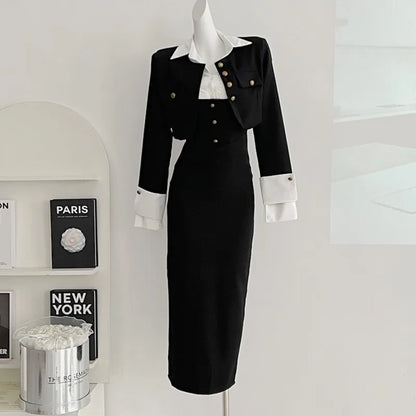 Y2K 3-piece Set Women Crop Coat Blazer White Shirt Halter Sleeveless Bodycon Midi Dress Autumn New Female Korean Chic Outfits