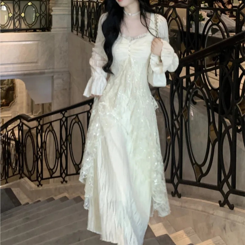 Autumn Winter New Elegant Midi Dresses for Women Lace Ruffles Flare Sleeve A-line Birthday Party Dress Korean Vestidos Mujer