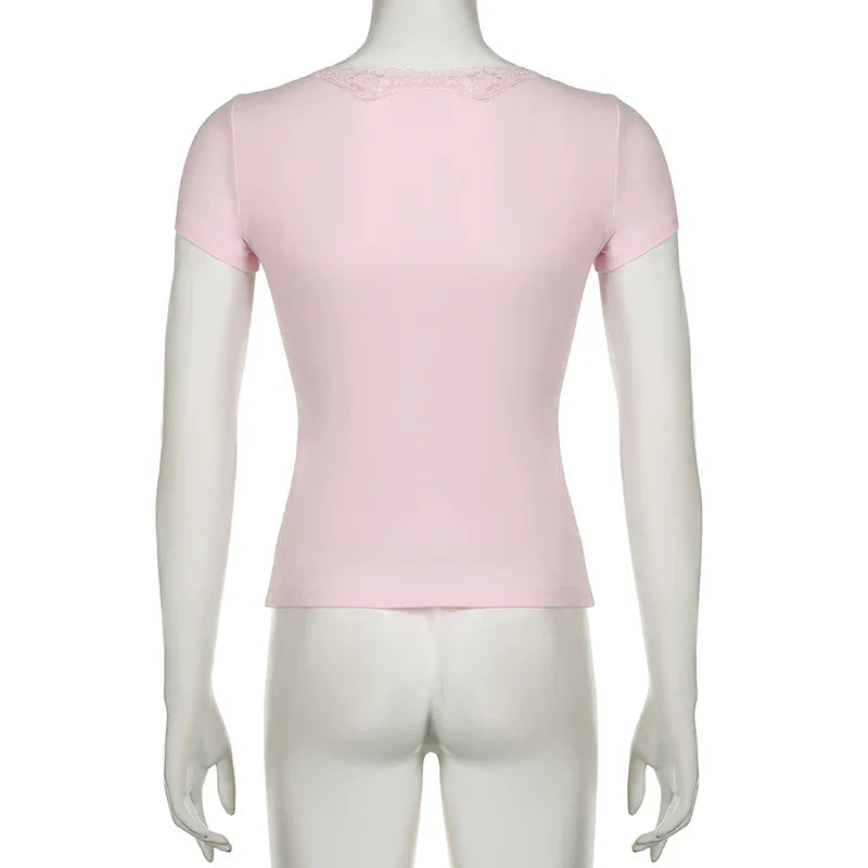 Voguable Kawaii Lace Patchwork V-neck Top Pink Casual Basic Short Sleeve T-shirts Sweet Japanese Style Y2K  Slim-fitting Tees