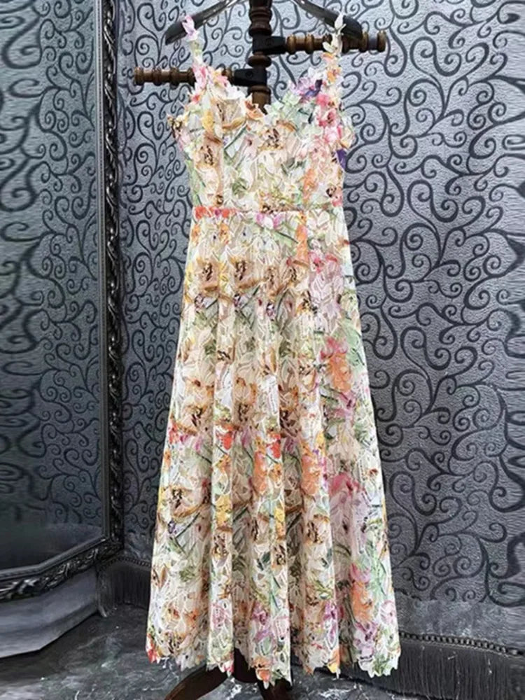 Elegant Long Dress Hotsweet Print Slash Collar 3D Flower Hollowed Out Fashion Camisole Dresses Women 2025 Spring Summer 959