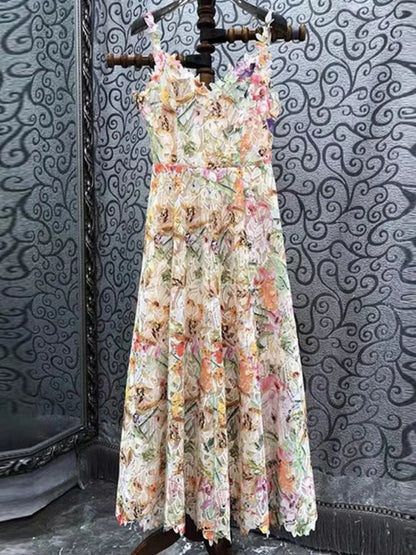 Elegant Long Dress Hotsweet Print Slash Collar 3D Flower Hollowed Out Fashion Camisole Dresses Women 2025 Spring Summer 959