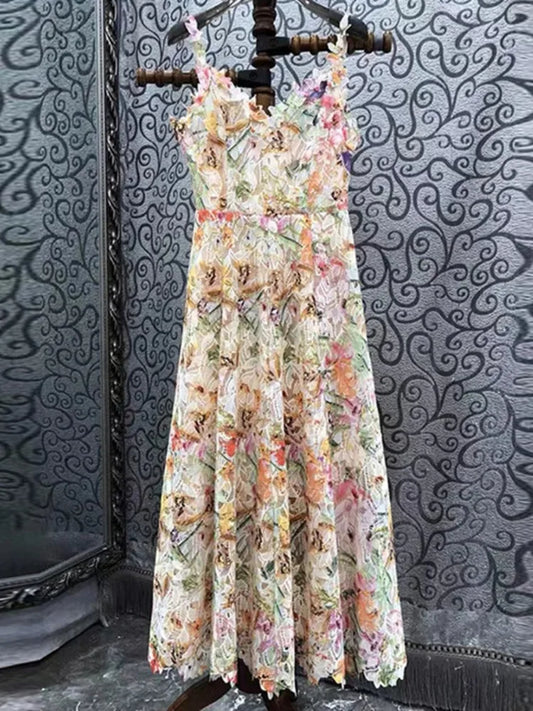 Elegant Long Dress Hotsweet Print Slash Collar 3D Flower Hollowed Out Fashion Camisole Dresses Women 2025 Spring Summer 959