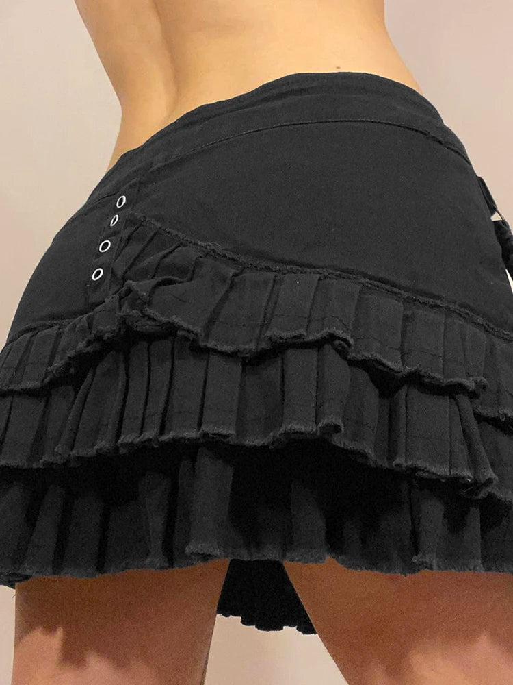 Punk Gothic Black Eyelet Ribbon Denim Skirt Women Low Waist Asymmetrical Tiered Pleated Short Jean Skirts Y2K