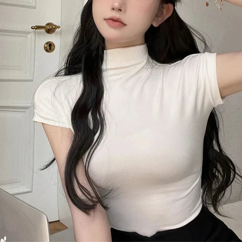 y2k Crop Tops Vest Solid Color Mock Neck Sleeveless Stretchy T Shirts 2000s Aesthetic Clothing Streetwear