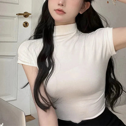 y2k Crop Tops Vest Solid Color Mock Neck Sleeveless Stretchy T Shirts 2000s Aesthetic Clothing Streetwear