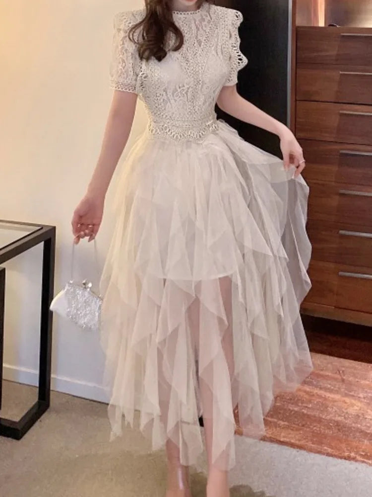 Korean Style O Neck Lace Hollow Out Patchwork Dress Elegant White Irregular Mesh Dresses Women 2025 New Spring Summer A7893