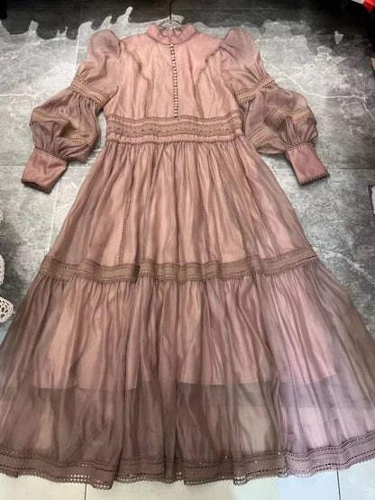 Elegant Long Dress Fairy Style Stand Up Collar Lantern Sleeves Splicing Waist Fashion Dresses Women 2025 Spring Autumn 1351