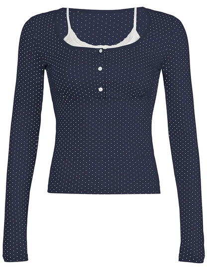 Dot Print Slim Y2K Long Sleeve T-Shirt Women Contrast Lace Patchwork Button Up Square Collar Cute Japanese Kawaii 2000s Tees