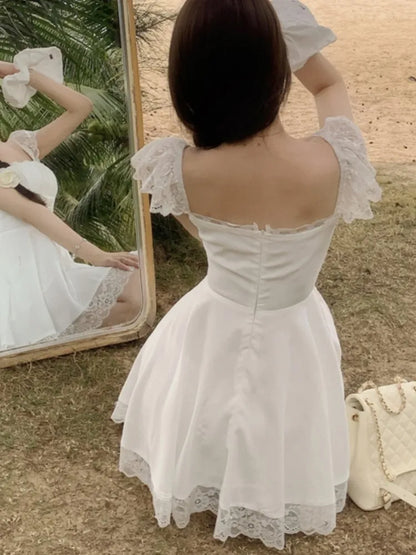 Y2K Lace Princess Party Dress Sexy Spaghetti Strap Square Collar Ruffles A-line Short Dresses for Women Prom Summer Mini Vestido