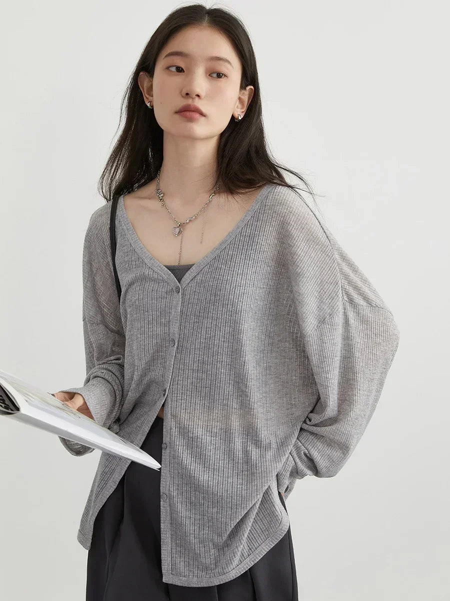 Solid V-neck Shirt Women Spring Single Breasted Chiffon Loose Slim All-match Sun Protection Thin Breathable Fashion Slim Cozy