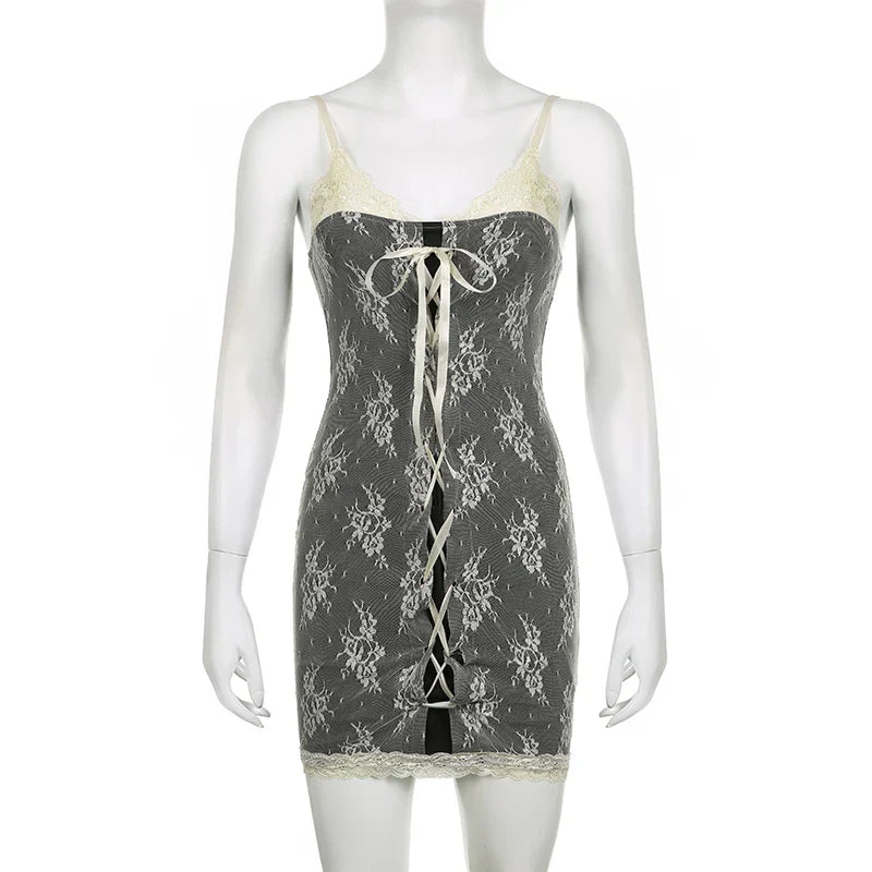 Voguable Chic Floral Crochet Lace Patchwork Mini Dress Elegant Sleeveless Bodycon Dresses Party Robe Coquette Y2K