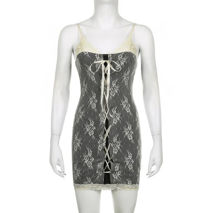 Voguable Chic Floral Crochet Lace Patchwork Mini Dress Elegant Sleeveless Bodycon Dresses Party Robe Coquette Y2K