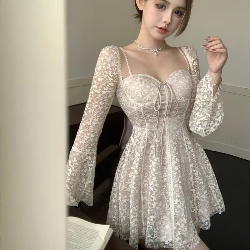 Sexy Lace Mini Dresses for Women Flare Sleeve Square Collar Corset Slim A-line Wedding Birthday Party Dress Y2K Prom Vestidos