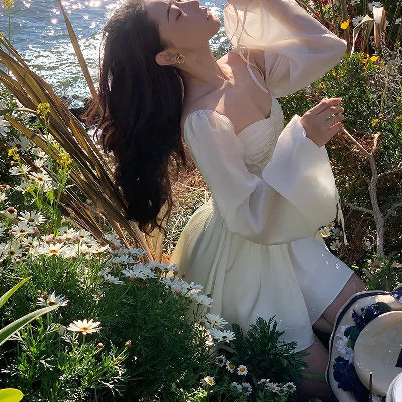 Voguable White Bubble Sleeve Dress Niche Design Pure Princess Skirt Girl Elegantes Party Prom Vintage Evening Y2k