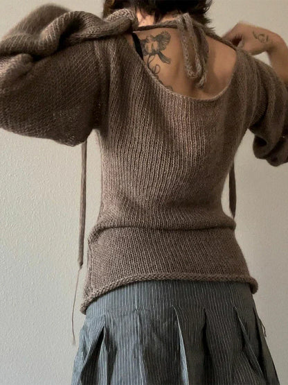 T-shirt Tie Back Sweaters Long Sleeve Boat Neck Solid Color Knit Pullover Casual Tops Streetwear Y2k Cami